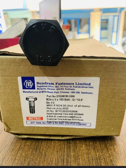 Genuine TVS/Sundaram Fasteners (Sundram Fasteners Ltd) M24 x 3 x 180 hex bolt grade 10.9 with original box – Perfect Engineering Co, Mumbai