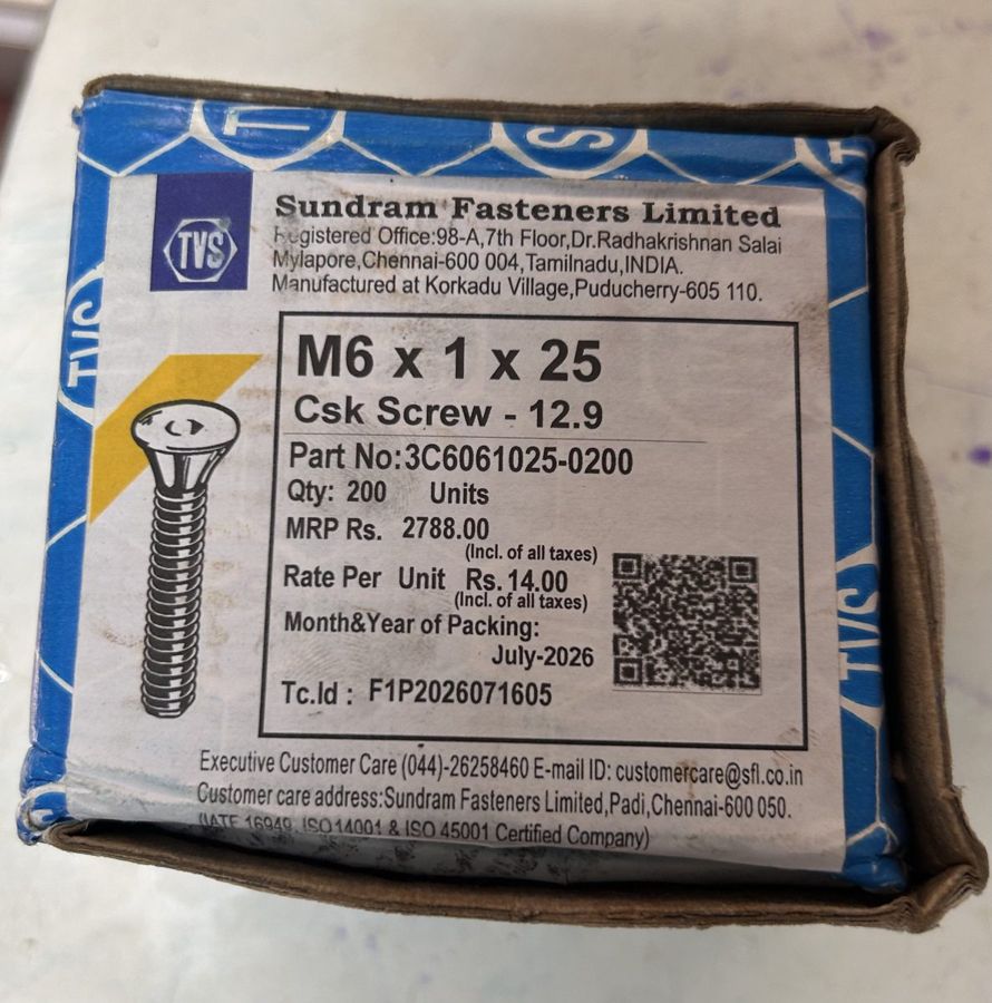 Genuine TVS/Sundaram Fasteners (Sundram Fasteners Ltd) M6 x 1 x 25 CSK allen screw countersunk socket screw grade 12.9 box – Perfect Engineering Co, Mumbai